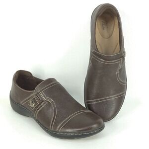 Clarks Collection Cora Poppy Leather Slip-On Shoes 8W Dark Brown Tumbled Comfort